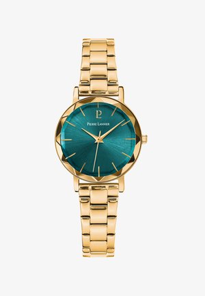 Guldtonet ur med en teal skive, der har en tekstureret overflade, guld time markører og et matchende guld link armbånd.