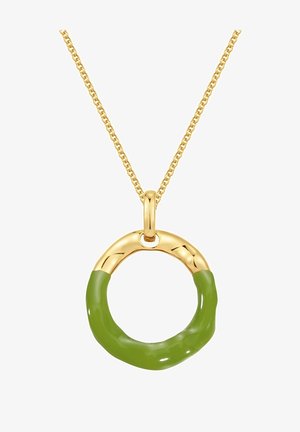 Goldkette mit rundem Anhänger; grüner Emaille-Bereich und glatte Goldakzente; glänzende Oberfläche und stilisiertes Schlaufen-Design.