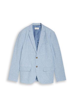 Blazer bleu clair pour homme avec revers crantés, deux boutons marron, poches avant à rabat et une doublure lisse, présenté à plat sur fond blanc.