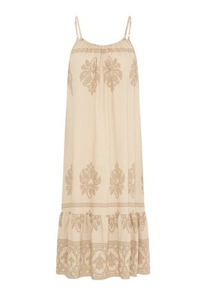 Vestido midi sin mangas beige con tirantes finos ajustables, estampados florales damasco en marrón claro y un dobladillo con volantes.