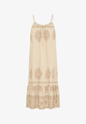 Vestito midi beige senza maniche con sottili spalline regolabili, motivi floreali damascati marrone chiaro e orlo arricciato.