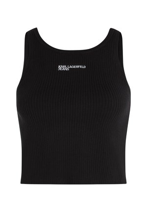 Débardeur noir à côtes avec un décolleté en forme de scoop et le logo Karl Lagerfeld Jeans brodé en blanc sur le devant. Tissu doux, forme ajustée.