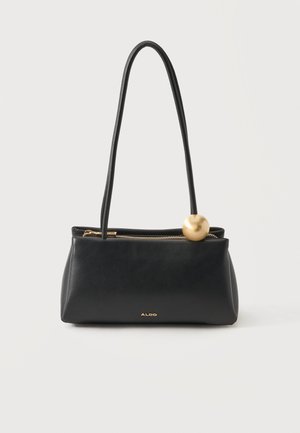 Sac à main rectangulaire en cuir noir avec longues anses, fermeture éclair dorée, breloque sphérique dorée et petit logo ALDO au centre avant.