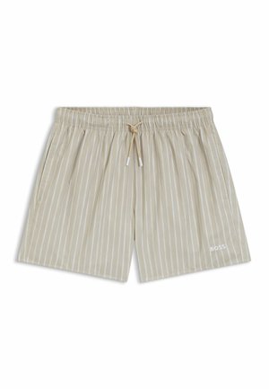 Shorts de bain beiges avec rayures verticales blanches, taille élastique, cordon beige, poches latérales et logo "BOSS" sur la jambe gauche.
