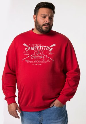 Roter Kapuzenpullover aus Baumwolle mit Rundhalsausschnitt, langen Ärmeln und einem Aufdruck, der Ruderer und den Text "KOMPETITION" auf der Vorderseite zeigt.