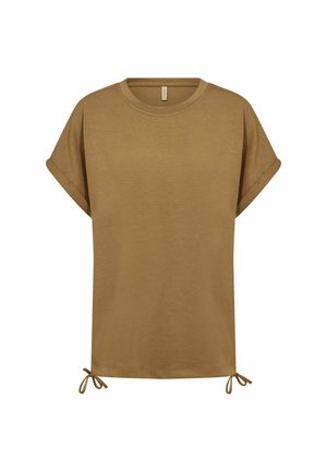 Brown short-sleeve cotton t-shirt with rolled cuffs and small adjustable ties at the bottom hem on both sides.