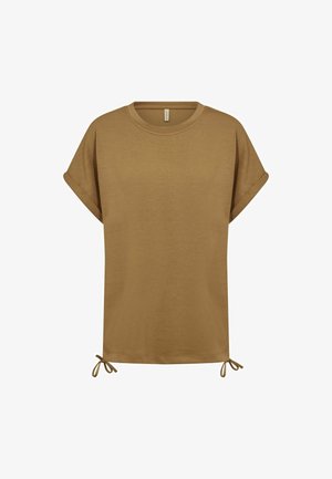 Brown short-sleeve cotton t-shirt with rolled cuffs and small adjustable ties at the bottom hem on both sides.
