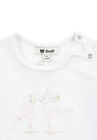 Weißes Baumwollbabykleid mit Rundhalsausschnitt, Druckknöpfen und einem bunten Druck eines Bären und eines Kaninchens in Tutus, Ballettschuhen und Schleifen.