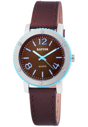 Brown quartz watch with a silver case, blue accents, and a brown leather strap. Features bold, contrasting hour markers and hands.