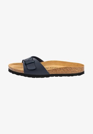 Sandalia tipo slide negra única con plantilla de corcho, correa ajustable con hebilla y suela negra texturizada vista de lado.