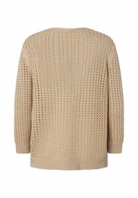 Beige gebreide trui met een gestructureerd patroon met open steken. Het heeft ribgebreide manchetten en zoom, en een casual pasvorm.