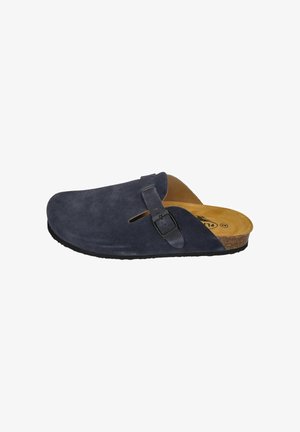 Navy suede clog with a cork footbed, open back, and adjustable black buckle strap. Features a textured outsole for grip.