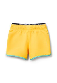 Žluté plavecké šortky s námořnickým pasem, na kterém je logo "UNITED COLORS OF BENETTON" a tyrkysový lem podél spodního okraje. Hladký povrch.