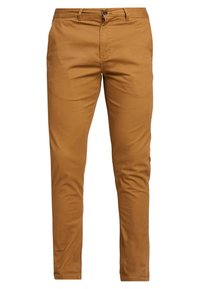 Béžové bavlněné kalhoty s úzkým střihem, s knoflíkem v pase, plochým předním dílem a standardními bočními kapsami. Hladká textura bez viditelných vzorů.