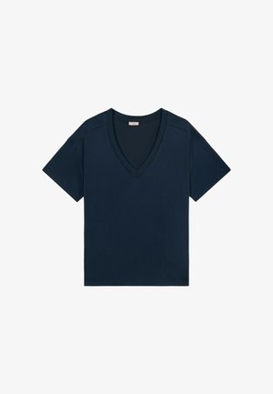 Marineblaue kurzärmelige T-Shirt mit V-Ausschnitt und lockerer Passform, flach auf einem weißen Hintergrund ausgelegt.