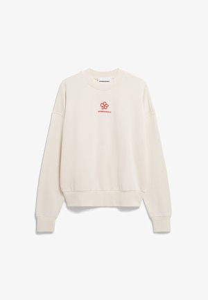 Cremfarbener Sweatshirt mit gerippten Bündchen und Saum. Verfügt über ein rotes, gesticktes Blumenlogo auf der Brust. Weiches, gemütliches Material.