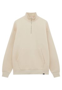 Beige pullover-sweatshirt med høj hals, halvlukning med lynlås, frontlomme, ribbede manchetter og kant. Glat fleeceoverflade.