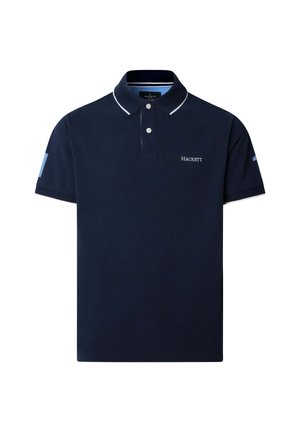 Navyblauw poloshirt met korte mouwen, voorzien van witte biezen op de kraag, twee witte knopen en het "Hackett" logo op de linkerborst.