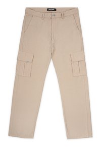 Beige cargo kalhoty se čtyřmi kapsami, zapínáním na knoflík a rovnými nohavicemi vyrobené z odolné látky.