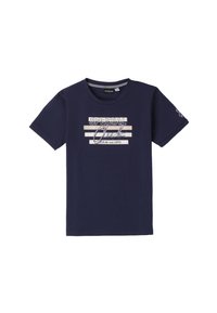 Camiseta de algodón azul marino de manga corta, con cuello redondo, que presenta una impresión gráfica blanca con rayas y texto en la parte frontal.