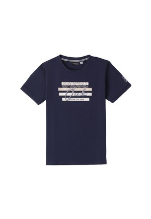 T-shirt in cotone blu navy con maniche corte e scollo rotondo, caratterizzato da una stampa grafica bianca con strisce e testo sul davanti.