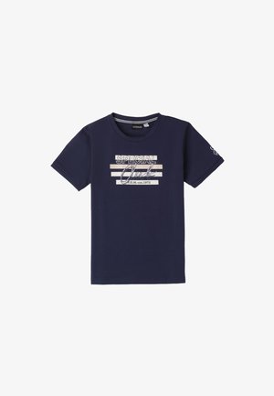 Navyblauwe katoenen T-shirt met korte mouwen, ronde hals, met een witte grafische print met strepen en tekst op de voorkant.