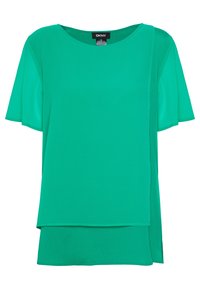 Top verde DKNY con maniche corte, scollatura rotonda, design stratificato e tessuto morbido e leggero. Presenta un pannello testurizzato a contrasto.