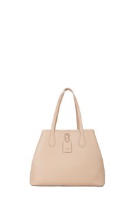 Borsa tote in pelle beige con due manici, forma rettangolare, superficie testurizzata e un'etichetta decorativa con un accento a fibbia.