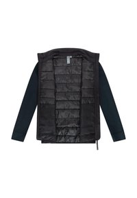 Musta hihaton liivi tikatulla vuorella, jossa on sileä ulkopinta ja vetoketjusuljentaa. Sisäpuoli on hienovaraisesti kuvioitu.