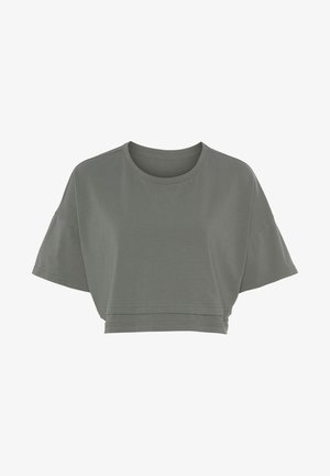 Gekürztes T-Shirt mit kurzen Ärmeln in einem sanften Olivgrün. Hergestellt aus weichem, leichtem Stoff mit dezenten Nahtdetails und einem geprägten "LA"-Logo.