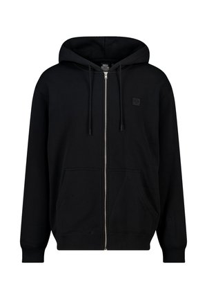Black zip-up hoodie made of cotton blend, featuring a front pocket, drawstrings, and a small logo patch on the left chest.