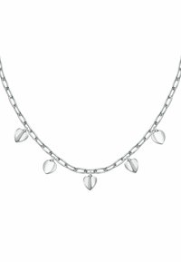 Collana in argento con cinque pendenti a forma di cuore, finitura lucida, anelli allungati e una consistenza liscia.