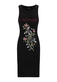 Schwarzes ärmelloses Kleid mit einem gestickten Panther- und Rosenmuster. Hergestellt aus dehnbarem Stoff, hat es eine taillierte Silhouette und einen runden Ausschnitt.
