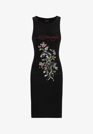 Abito nero senza maniche con un design ricamato di pantera e rose. Realizzato in tessuto elasticizzato, ha una silhouette aderente e un collo rotondo.