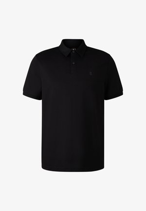 Sort polo skjorte lavet af blødt stof, med en klassisk krave, to-knaps lukning og et diskret logo på venstre bryst. Korte ærmer.