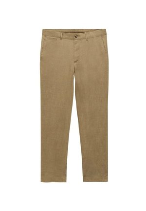 Pantaloni de culoare khaki, din in, cu croială dreaptă, buzunare frontale și închidere cu buton. Textură netedă, cu detalii minime.