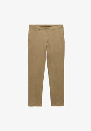 Pantalons couleur kaki en lin, à coupe droite, avec poches avant et bouton de fermeture. Texture lisse avec un minimum de détails.