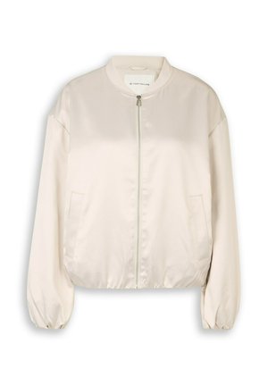Hellbeige Bomberjacke mit Frontreißverschluss, elastischen Bündchen und Saum sowie seitlichen Taschen, innen am Kragen mit Tom Tailor Logo.