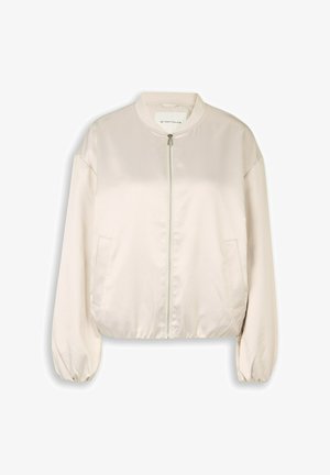 Hellbeige Bomberjacke mit Frontreißverschluss, elastischen Bündchen und Saum sowie seitlichen Taschen, innen am Kragen mit Tom Tailor Logo.