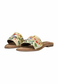Sandales à glissière brodées avec une tige en osier beige ornée de motifs floraux colorés, et une semelle intérieure lisse marron avec une semelle plate.