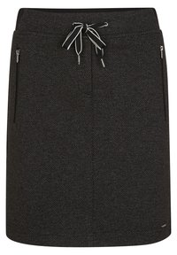 Falda gris oscuro con un patrón de espiguilla, cintura con cordón ajustable y dos bolsillos laterales con cremallera para funcionalidad.