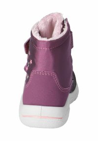 Stivale invernale viola per bambini con disegni di stelle rosa, interno peluche rosa, strap con chiusura a velcro e suola bianca in gomma visto da dietro.