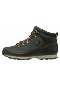 Botas de senderismo de cuero negro con cordones naranjas, ojetes plateados, cuello acolchado y suela de goma con un patrón de tracción duradero.