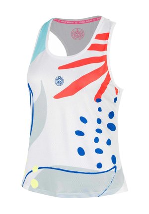 Haut de sport blanc sans manches avec des rayures rouges en forme de rayons de soleil, des formes abstraites bleues et jaunes, et un petit logo bleu rond sur la poitrine.
