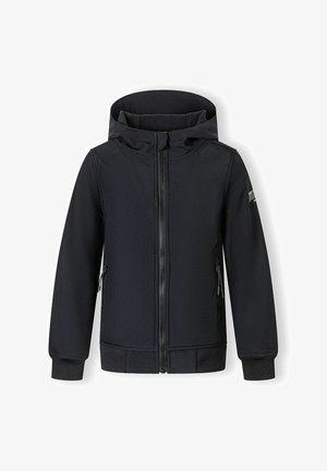 Schwarze Kapuzenjacke mit Reißverschluss, gerippten Bündchen, seitlichen Reißverschlusstaschen und kleinem Logo am linken Ärmel, auf weißem Hintergrund präsentiert.