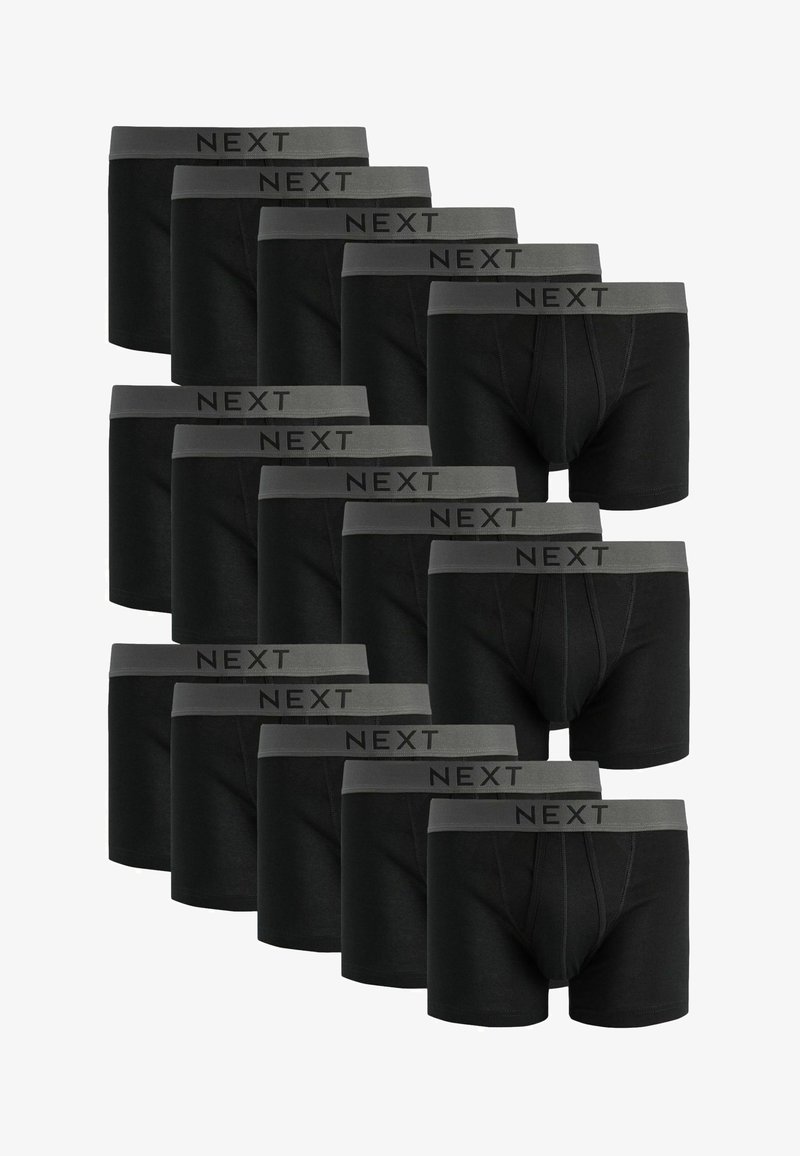 Črne bokserice z sivo elastiko z napisom "NEXT". Iz bombaža, prilegajoč dizajn, prikazujo več kosov, razporejenih v kup.