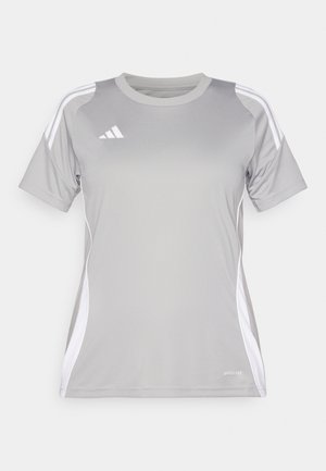 Grå sportströja med kort ärm, tillverkad av fukttransporterande tyg med vita detaljer och tre-randig design på axlarna. Har "AEROREADY"-logotyp.