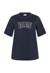 Marinblå kortärmad T-shirt i bomull, med vit broderad text "BIEN" i en böjd design över bröstet.