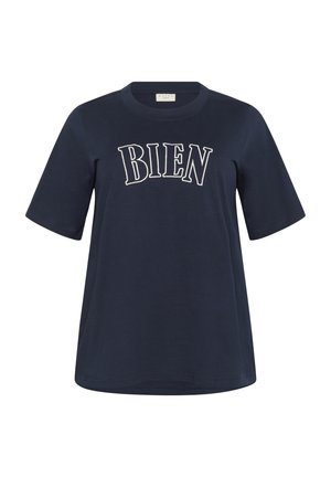 T-shirt blu navy a maniche corte realizzato in cotone, con la scritta bianca ricamata "BIEN" in un design curvo che attraversa il petto.