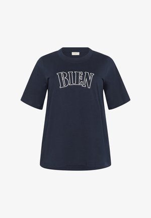 T-shirt à manches courtes bleu marine en coton, avec le texte brodé en blanc "BIEN" dans un design courbé sur la poitrine.